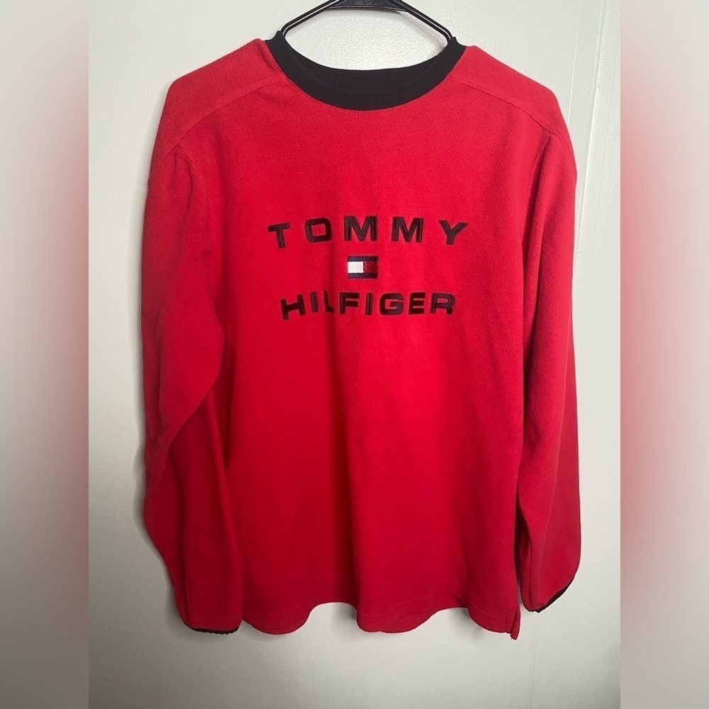 Vintage Tommy Hilfiger Jeans Pullover Fleece Sweater Mens L  Flag Red